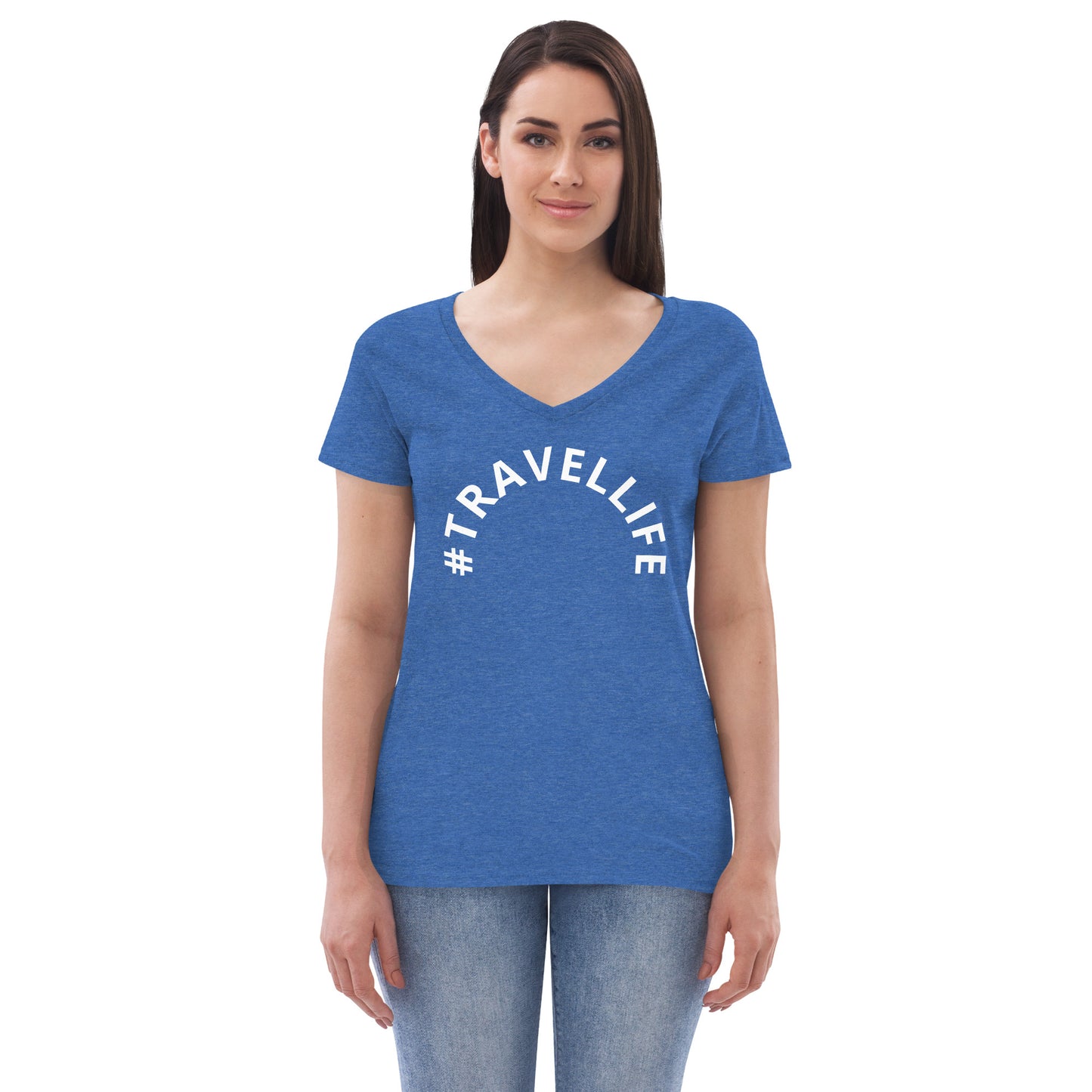 #Travellife Arc Women’s Recycled V-neck T-shirt White Text