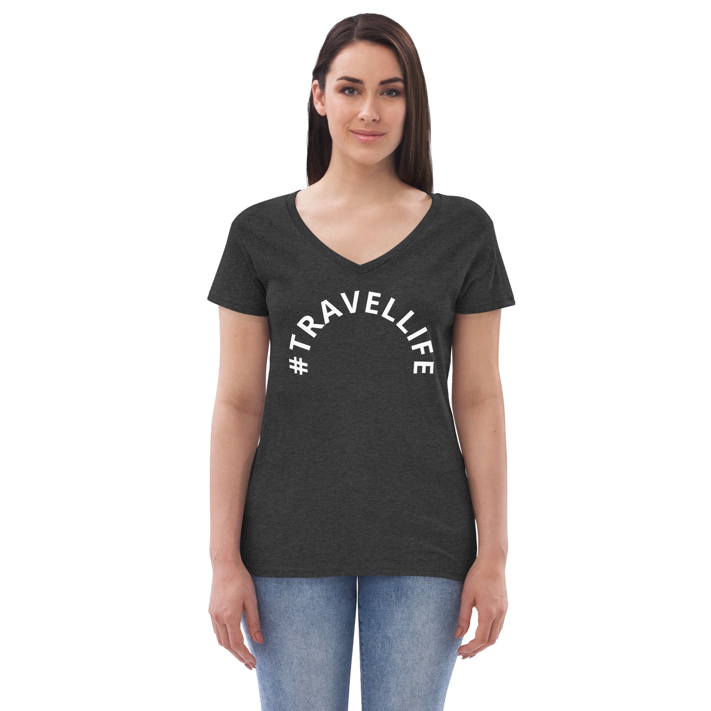 #Travellife Arc Women’s Recycled V-neck T-shirt White Text