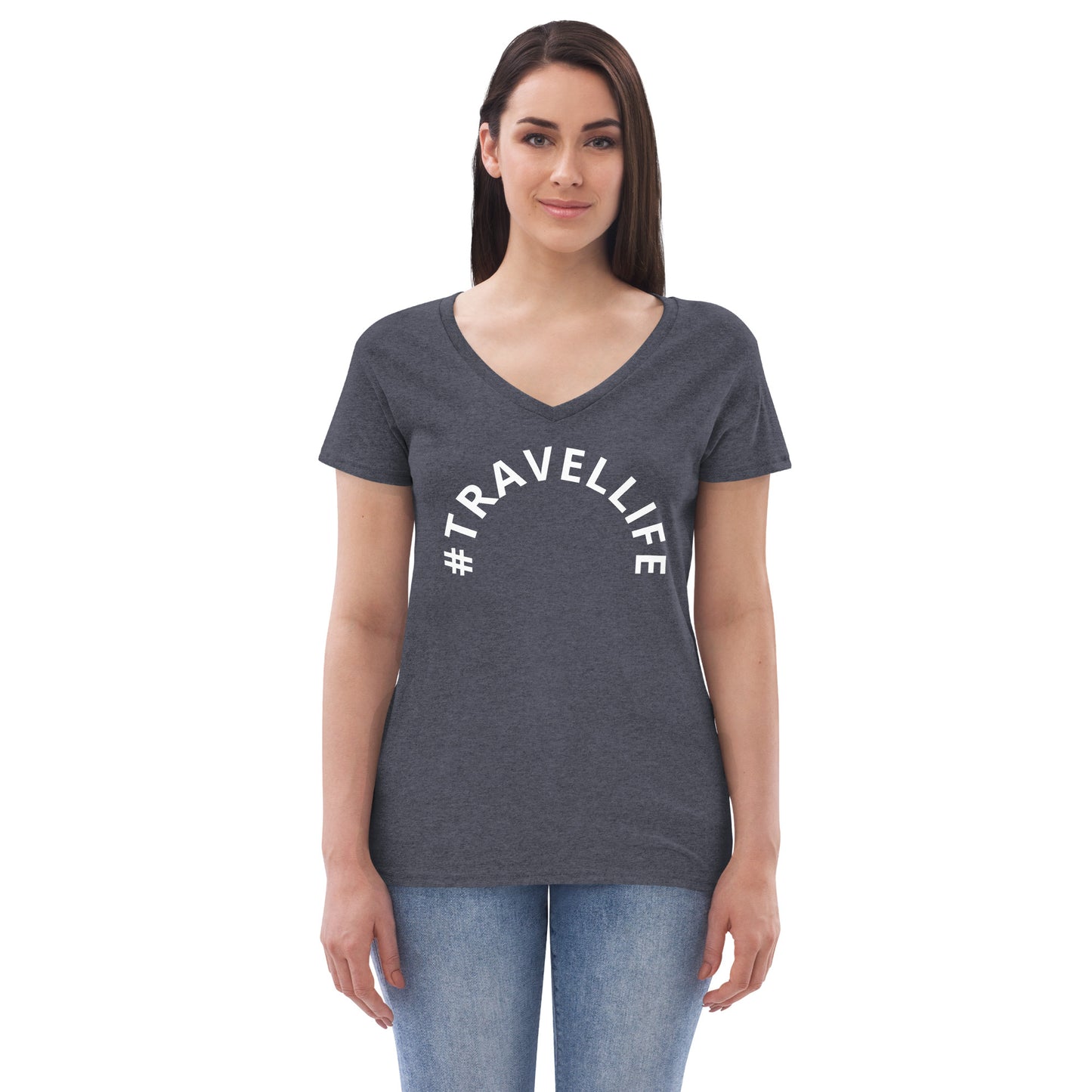 #Travellife Arc Women’s Recycled V-neck T-shirt White Text